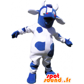 Mascote azul e branco vaca com grandes olhos - MASFR032823 - Mascotes vaca