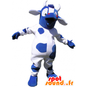 Niebieski i biały krowa maskotka z dużymi oczami - MASFR032823 - Maskotki krowa