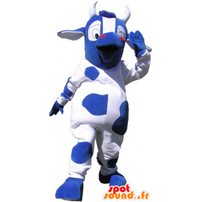 Mascotte blu e bianco mucca con grandi occhi - MASFR032823 - Mucca mascotte