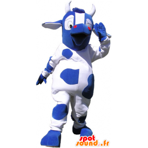 Mascote azul e branco vaca com grandes olhos - MASFR032823 - Mascotes vaca