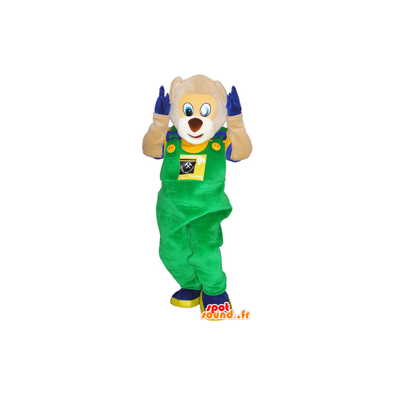 Bear maskot i overall og farverigt tøj - Spotsound maskot
