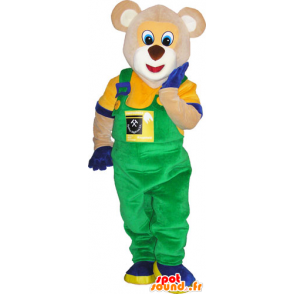 Bear maskot i overall og farverigt tøj - Spotsound maskot