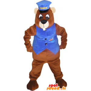 Giant brown beaver mascot with a cap and a waistcoat - MASFR032828 - Beaver mascots