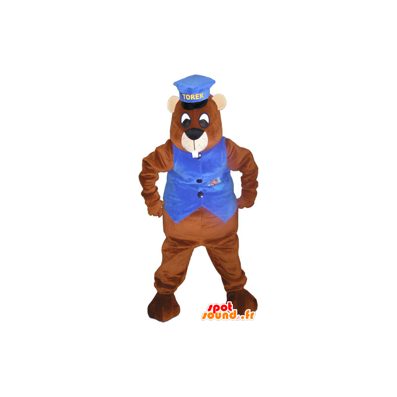Giant brown beaver mascot with a cap and a waistcoat - MASFR032828 - Beaver mascots