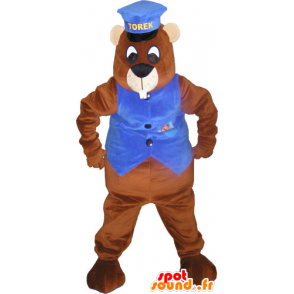 Giant brown beaver mascot with a cap and a waistcoat - MASFR032828 - Beaver mascots