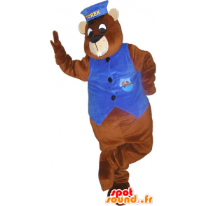 Giant brown beaver mascot with a cap and a waistcoat - MASFR032828 - Beaver mascots