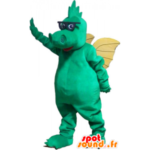 Mascotte de dragon vert avec des ailes jaunes et des lunettes - MASFR032831 - Mascotte de dragon