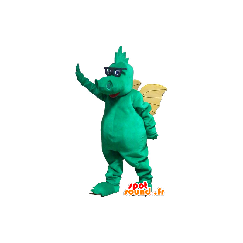 Green dragon mascot with yellow wings and glasses - MASFR032831 - Dragon mascot