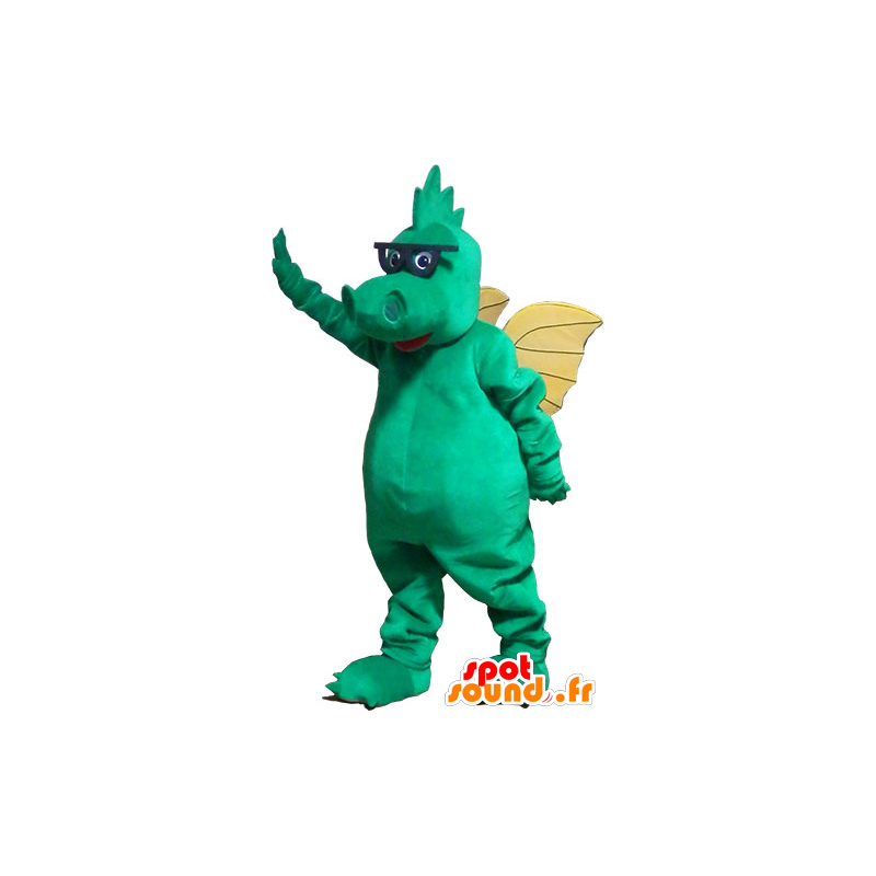 Grünen Drachen-Maskottchen mit gelben Flügeln und Gläser - MASFR032831 - Dragon-Maskottchen