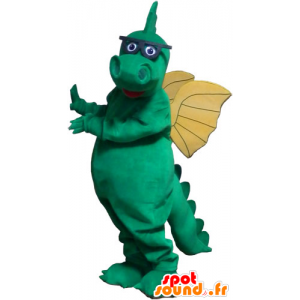 Green Dragon Mascot com as asas amarelas e óculos - MASFR032831 - Dragão mascote