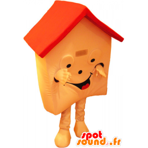 Maskotti talo oranssi ja punainen, hyvin hymyilevä - MASFR032843 - Mascottes d'objets
