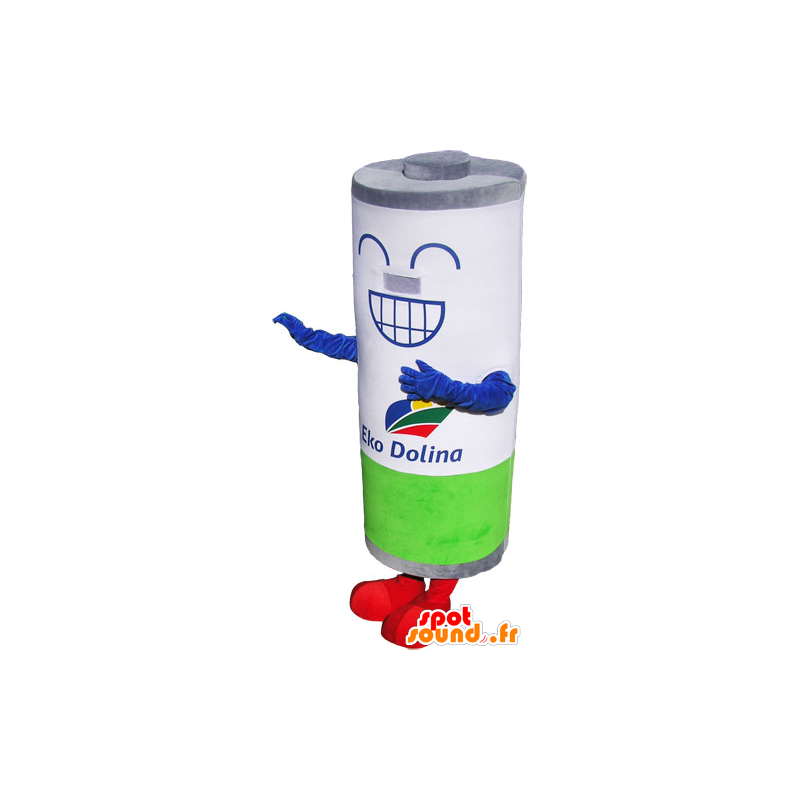 Mascot gigantische batterij, wit, grijs en groen, glimlachen - MASFR032852 - mascottes objecten