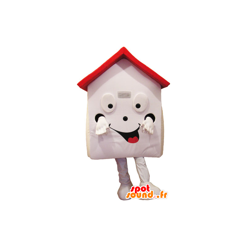 Mascotte de maison blanche et rouge, très souriante - MASFR032853 - Mascottes d'objets