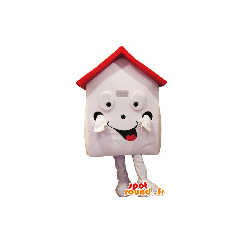 Witte Huis mascotte en rood, zeer glimlachen - MASFR032853 - mascottes objecten