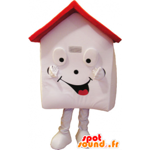 Witte Huis mascotte en rood, zeer glimlachen - MASFR032853 - mascottes objecten