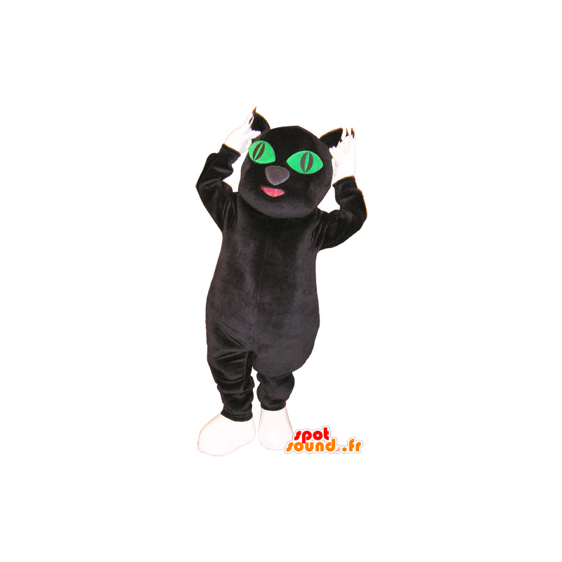 Gato preto e branco atacado mascote com olhos verdes - MASFR032858 - Mascotes gato