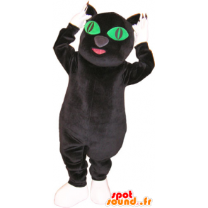 Mascotte de gros chat noir et blanc avec les yeux verts - MASFR032858 - Mascottes de chat