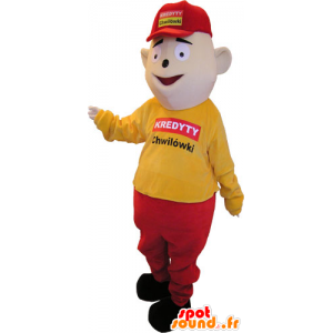 Mascotte de bonhomme habillé en jaune et rouge avec une casquette - MASFR032860 - Mascottes Homme