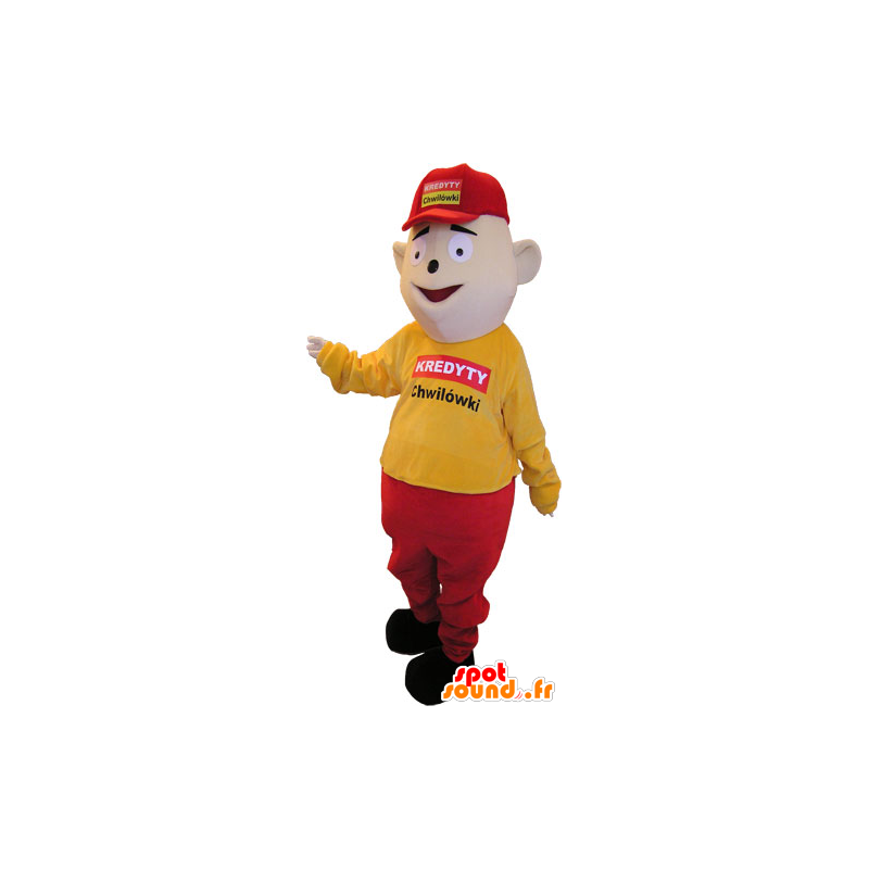 Mascotte de bonhomme habillé en jaune et rouge avec une casquette - MASFR032860 - Mascottes Homme