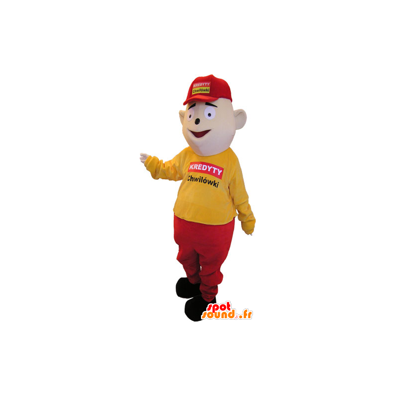 χιονάνθρωπος μασκότ ντυμένη στα κίτρινα και κόκκινα με καπάκι - MASFR032860 - Ο άνθρωπος Μασκότ