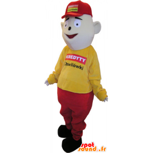 Mascotte de bonhomme habillé en jaune et rouge avec une casquette - MASFR032860 - Mascottes Homme