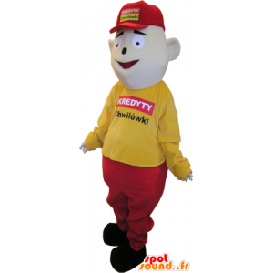 Mascote boneco vestido de amarelo e vermelho com uma tampa - MASFR032860 - Mascotes homem