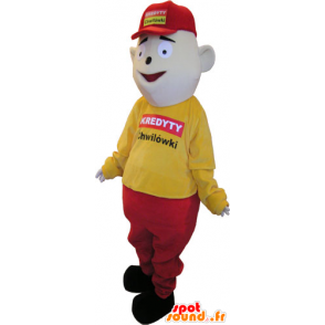 Mascota del muñeco de nieve vestido en amarillo y rojo con una tapa - MASFR032860 - Mascotas humanas