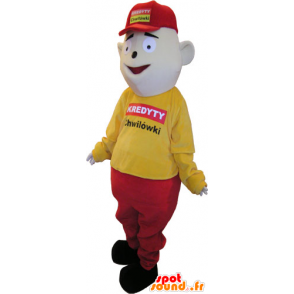 Mascote boneco vestido de amarelo e vermelho com uma tampa - MASFR032860 - Mascotes homem