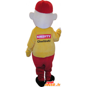 Mascotte de bonhomme habillé en jaune et rouge avec une casquette - MASFR032860 - Mascottes Homme