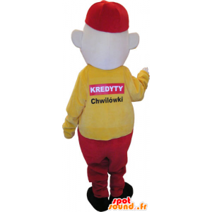 Mascote boneco vestido de amarelo e vermelho com uma tampa - MASFR032860 - Mascotes homem