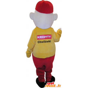 Mascotte de bonhomme habillé en jaune et rouge avec une casquette - MASFR032860 - Mascottes Homme