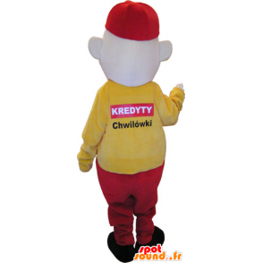 Mascote boneco vestido de amarelo e vermelho com uma tampa - MASFR032860 - Mascotes homem