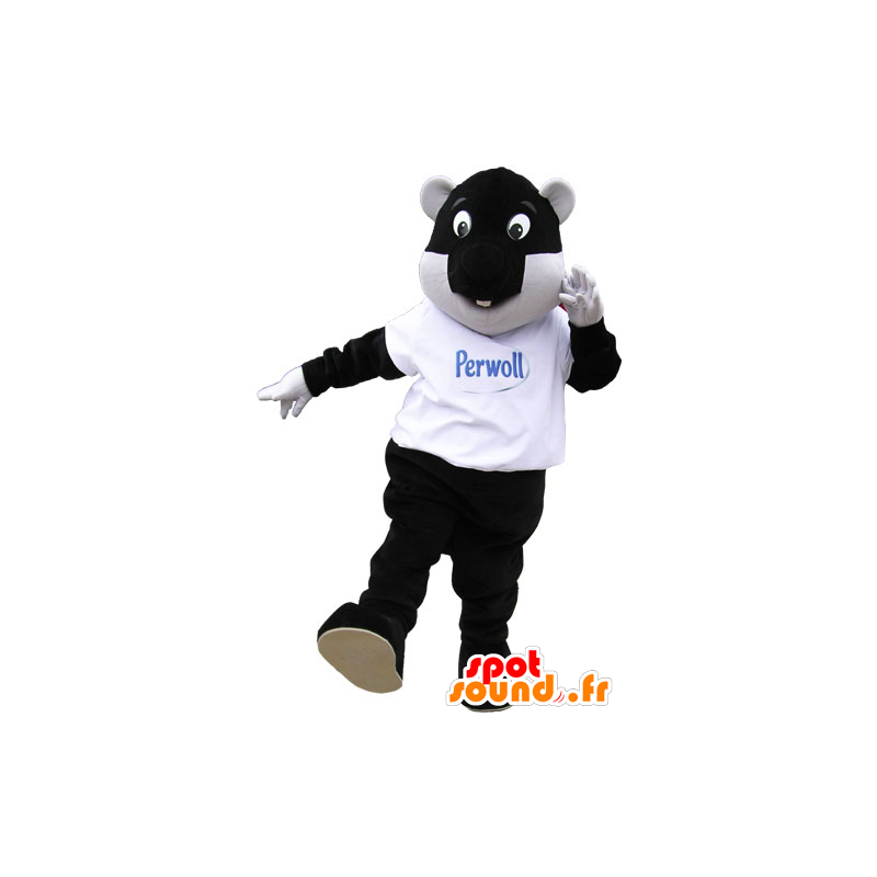 Grande mascote castor preto e branco com ar divertido - MASFR032864 - Beaver Mascot