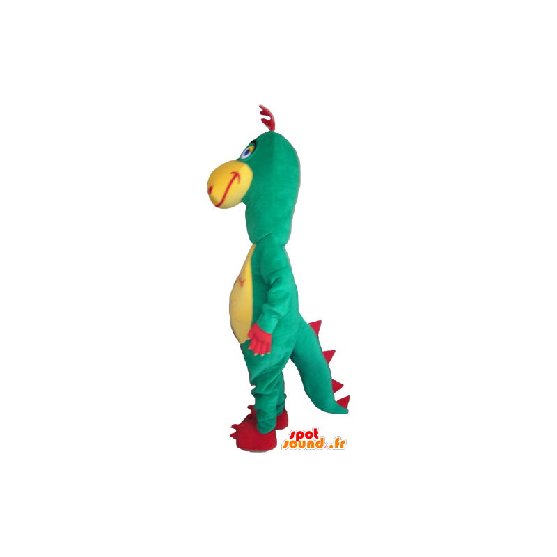 Mascotte de dinosaure, vert, rouge et jaune rigolo - MASFR032865 - Mascottes Dinosaure