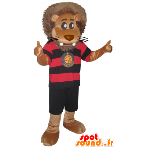 Gran mascota del león en ropa deportiva negro y rojo - MASFR032866 - Mascota de deportes