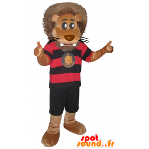 Grande mascote do leão equipamento preto dos esportes e vermelho - MASFR032866 - mascote esportes