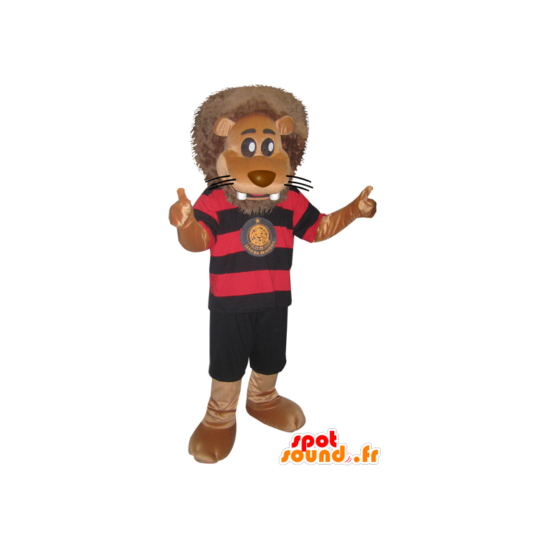 Grande mascotte leone in abbigliamento sportivo nero e rosso - MASFR032866 - Mascotte sport