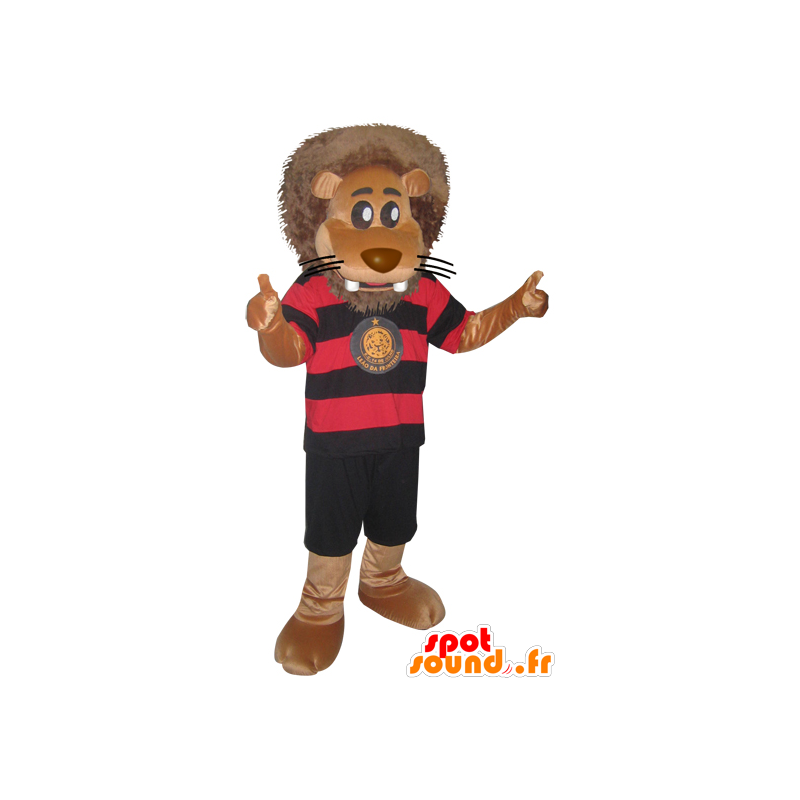 Mascotte de gros lion en tenue sportive noire et rouge - MASFR032866 - Mascotte sportives