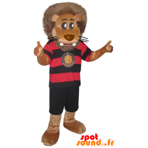 Gran mascota del león en ropa deportiva negro y rojo - MASFR032866 - Mascota de deportes