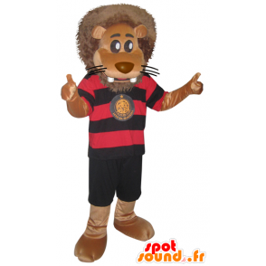 Stor lejonmaskot i svart och rött sportkläder - Spotsound maskot