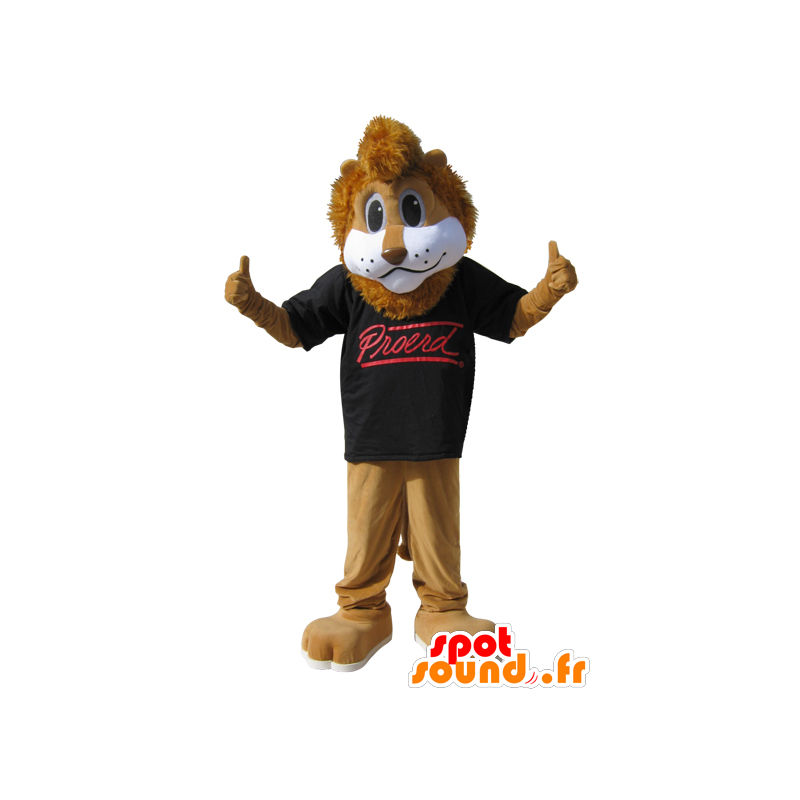 Bruine leeuw mascotte met een zwart overhemd - MASFR032867 - Lion Mascottes