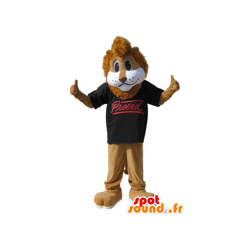 Brun lejonmaskot med svart t-shirt - Spotsound maskot