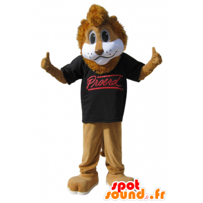 Brun lejonmaskot med svart t-shirt - Spotsound maskot