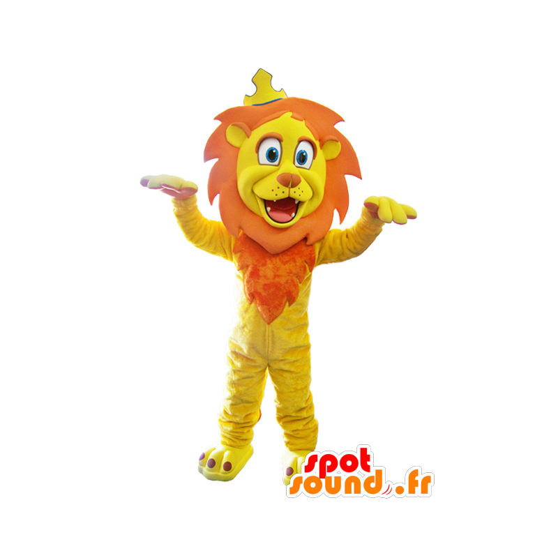 κίτρινο μασκότ λιοντάρι και πορτοκαλί με μια κορώνα - MASFR032868 - Λιοντάρι μασκότ