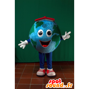 Giant planet earth mascot with a red hat