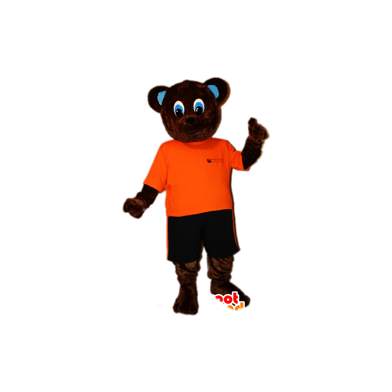 Mascotte d'ourson marron en tenue orange et noire - MASFR032878 - Mascotte d'ours