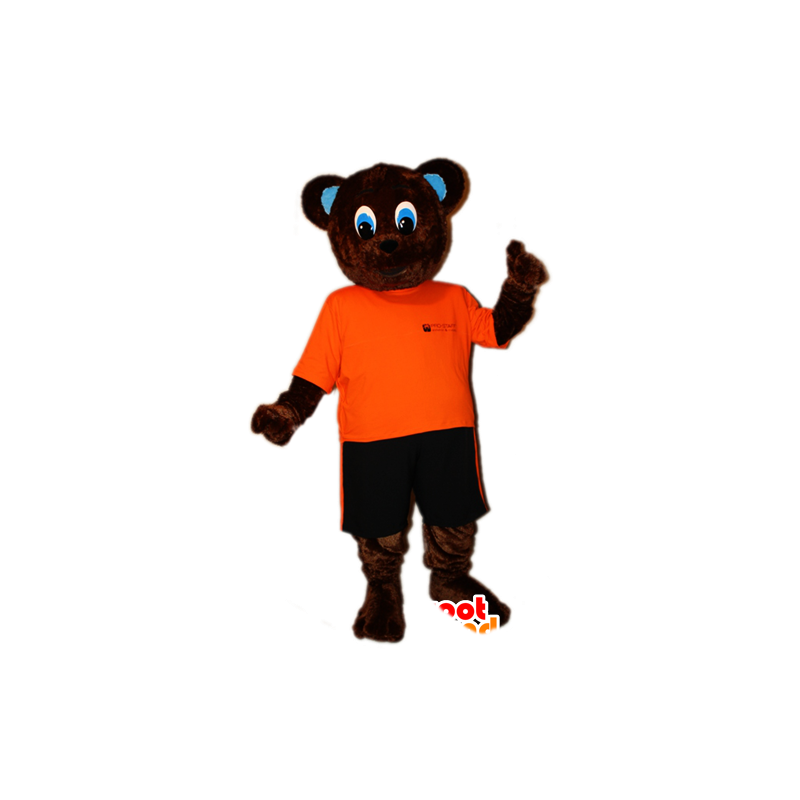 Brun björnmaskot i orange och svart outfit - Spotsound maskot
