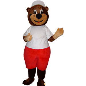 Mascotte d'ours marron en tenue blanche et rouge - MASFR032879 - Mascotte d'ours