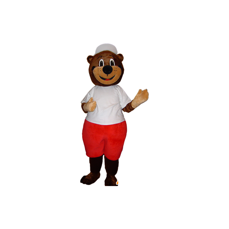 De mascote urso pardo no equipamento vermelho e branco - MASFR032879 - mascote do urso