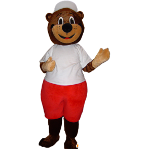 Hnědého medvěda maskota v červené a bílé oblečení - MASFR032879 - Bear Mascot